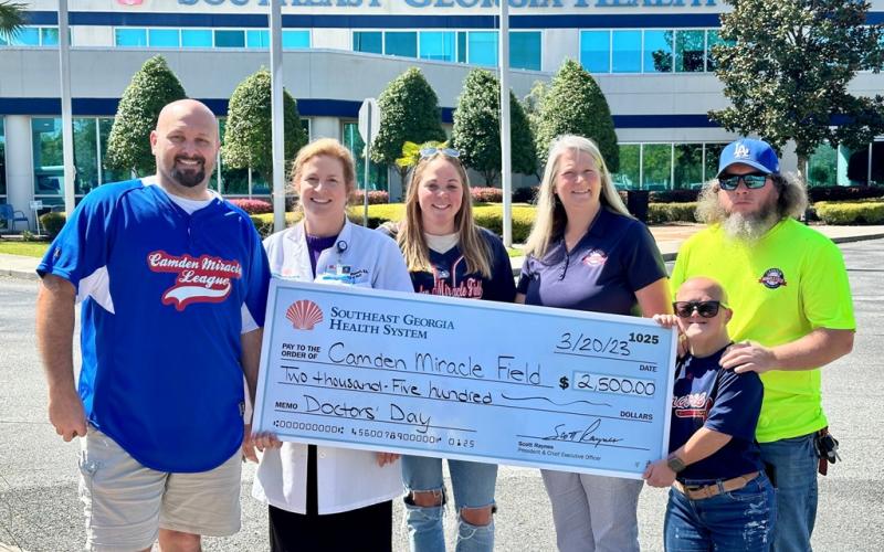 Southeast Georgia Health System recently donated $2,500 to the Camden Miracle League. From left are Camden Miracle Field board president Dillon Lacoste, Southeast Georgia Health System Camden Campus’ Dr. Janise H. Whitesell, Camden Miracle Field’s board members Nicole Ludwig and Sarah Johnsen, and Buddy Dan Fredericks and Lisse Nettles.