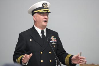 U.S. Navy Capt. Chris Bohner, the commanding officer of Kings Bay Naval Submarine Base, speaks Friday during a Veterans Day ceremony at VFW Post 8385 James Jarrett Brown.