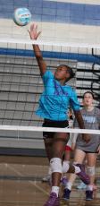 Callie Garland tests her skills at the CCHS volleyball camp. (Andy Diffenderfer, Tribune & Georgian)