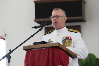 Rear Adm. Bret E. Grabbe speaks June 26 during a change-of-command ceremony at Kings Bay Naval Submarine Base.
