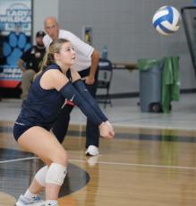 Riley Morris plays a shot in the Wildcat volleyballers’ state playoff match against North Atlanta. (Andy Diffenderfer, Tribune & Georgian)