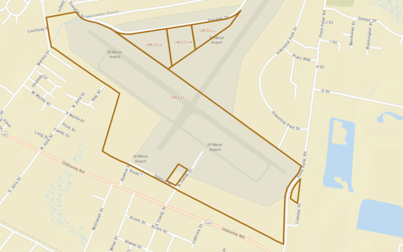 The City of St. Marys is seeking requests for proposals to redevelop 220 acres of the old airport. The other runway — shown outside of the project area boundary — is slated to become an aquaponics farm.