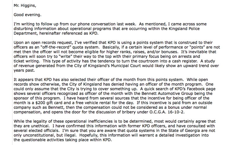 District 3 county commissioner Trevor Readdick's email to district attorney Keith Higgins about a points system the Kingsland Police Department had used. Readdick copied Camden's three state representatives on the email and shared it with the Tribune &amp; Georgian.