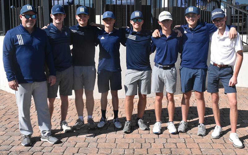 From left are CCHS golf coach Rob Roberts, Gabe Williams, Kendal Eels, R.J. James, Chris West, A.J. Corsi, Caleb Allen and Griffin Blount. Andy Diffenderfer/Tribune &amp; Georgian