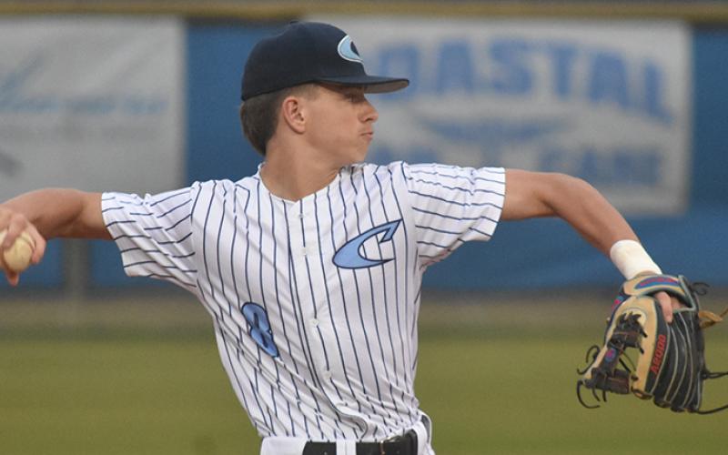 Talon Daignualt fires to first base last Friday. (Andy Diffenderfer/Tribune &amp; Georgian)