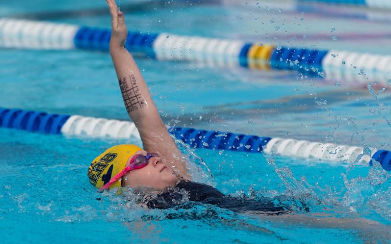 Swimming in the 7-8 girls division, the Boomers’ Paisley McKnight claimed first in three events. (Submitted photo)