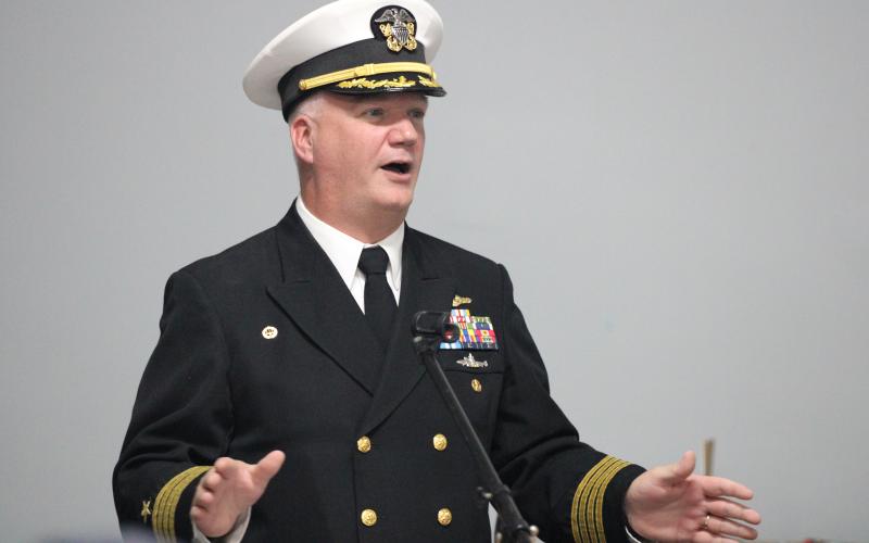 U.S. Navy Capt. Chris Bohner, the commanding officer of Kings Bay Naval Submarine Base, speaks Friday during a Veterans Day ceremony at VFW Post 8385 James Jarrett Brown.