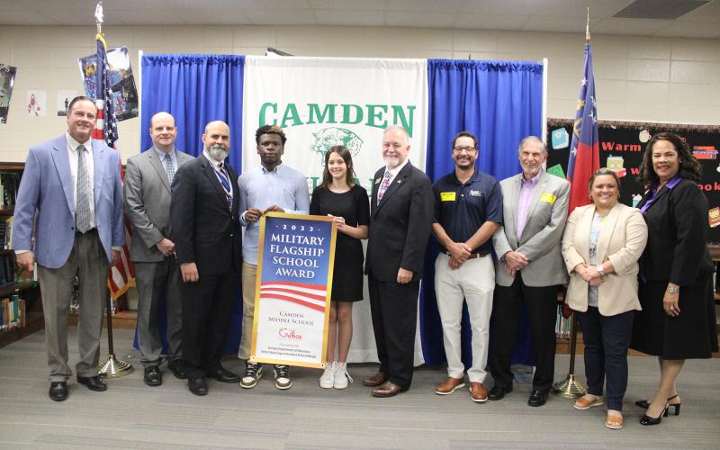 Camden County Schools’ leadership celebrate Camden Middle School earning the Military Flagship School Award from the Georgia Board of Education.