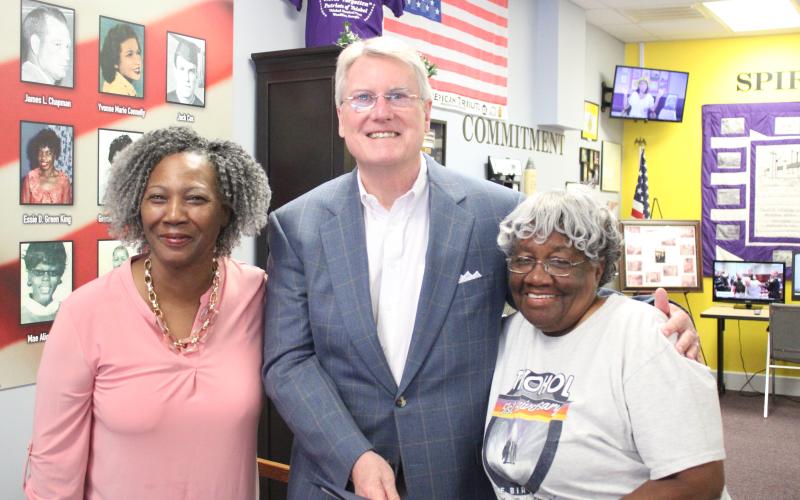 Thiokol Memorial Project President and CEO Jannie Everette, from left, state Sen. Michael Hodges and Thiokol survivor Emma Gibbs celebrate a resolution passed by the state Senate in February.