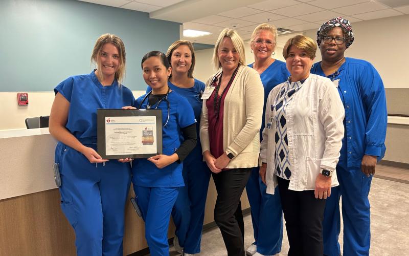 Southeast Georgia Health System was recently honored for its high-quality stroke care. Front row, from left, are registered nurses Grace Boughton and Ericka Pagote, Stroke Coordinator Cynthia Gahm and Patient Care Services Director Jan Jones. Back row: Registered nurse Tiffany Crews, Patient Care Services Manager Shelly McKinney and licensed practical nurse Cynthia Kareem.