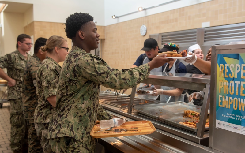 Sailors from Naval Submarine Base Kings Bay wait in line at the Pirates Cove Galley. The Kings Bay galley reopened after being closed for more than two years for renovations.