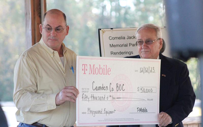 Camden County is the recipient of a $50,000 grant from a national cellphone carrier for park improvements at Cornelia Jackson Memorial Park. On Tuesday afternoon, county leaders celebrated the grant with a short ceremony at the Woodbine park. The $50,000 T-Mobile Hometown Grant will “enhance Cornelia Jackson Memorial Park by adding new playground equipment to improve community health and wellness and overall quality of life.” Later that day, county commissioners voted unanimously to accept the grant and mat