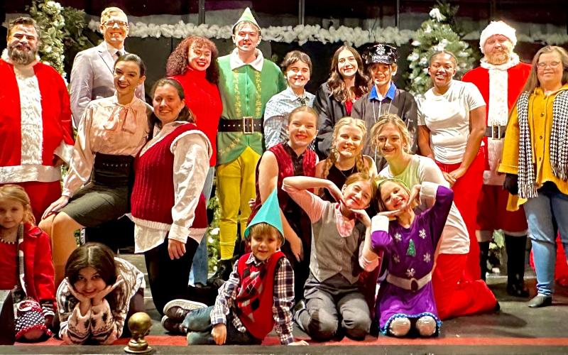 Cast members for “Elf the Musical” include, front row, from left, Emmalyn Cutler, Alice Marek, Robert Jones, Sadie Andrews and Ashton Harvey. Middle row: Samantha Anderson, Carson Jones, Desiree Williams, Lorelai Bryan and Elizabeth Vail. Back row: Landon Bryan, Caleb Bryan, Chris Kessler, Elisha Cauthen, Paul Rogers, Irie Williams, Reese Andrews, Katelyn Eby, Camille Wilburn, Steven Jones, Victoria Bettinger and Elijah Kessler.