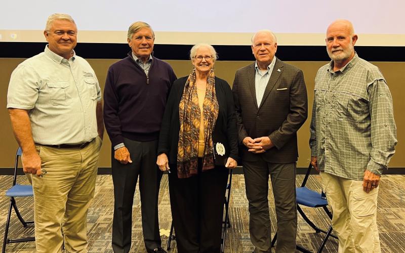 Coastal Resources Division Director Doug Haymans, Georgia Department of Natural Resources board member Tim Lowe, and former Coastal Resource Division directors Susan Shipman, Duane Harris, and Spud Woodward kick off the inaugural event of the College of Coastal Georgia’s new Environmental Speaker Series.