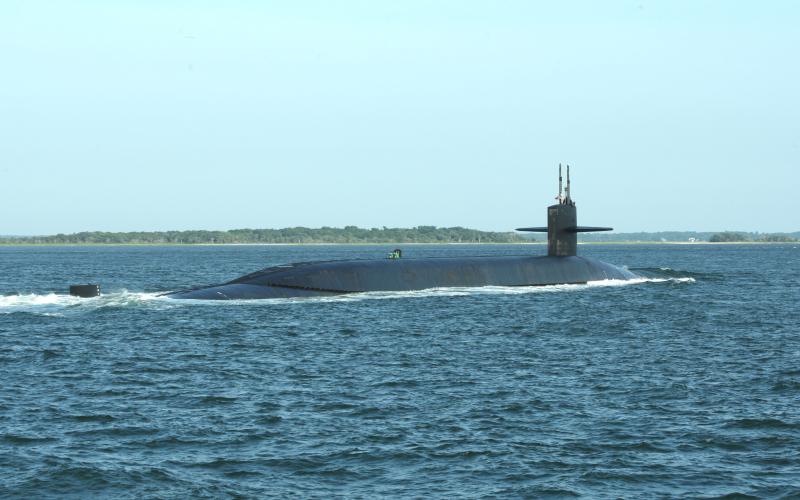 The ballistic missile submarine USS Wyoming (SSBN 742) returns to Naval Submarine Base Kings Bay in Georgia on June 28, 2014, following routine operations.