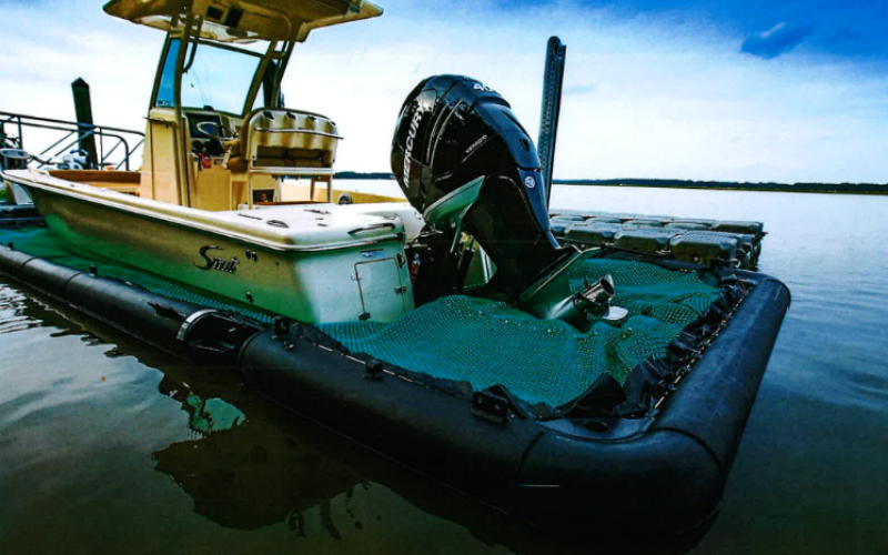 A vessel sits perched in the sort of SeaPen dock system county commissioners approved for use by the Camden County Sheriff’s Office.