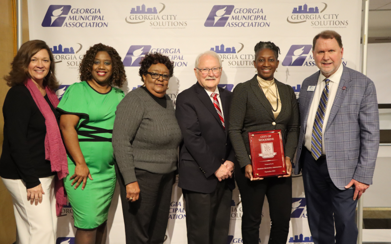 The city of Woodbine recently was named a City of Civility by the Georgia Municipal Association. From left are Georgia Municipal Association Third Vice President Andrea Gibby, Woodbine City Administrator Samantha Young, Woodbine Councilwoman Louise Mitchell, association President Randall Walker, Woodbine Mayor Kizzi Knight and association Executive Director Larry Hanson.