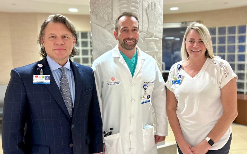 Southeast Georgia Health System’s Stroke Program received recertification. From left are Rehabilitation and Sports Medicine Services Director Paul Trumbull, Southeast Georgia Physician Associates-Neurology Dr. Phillip P. Amodeo and Stroke Program coordinator Cynthia Gahm.