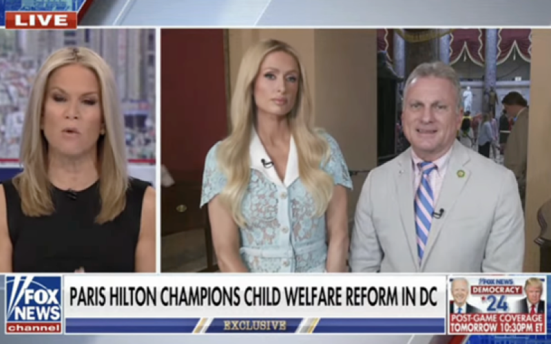 U.S. Rep. Buddy Carter, right, joined Paris Hilton, center, during a Fox News segment about child welfare reform.
