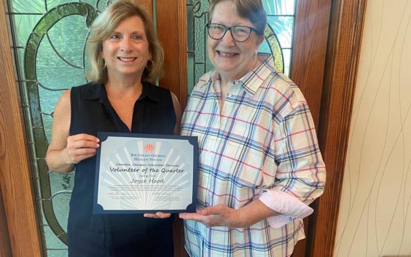 Submitted photos Southeast Georgia Health System’s Camden Campus winter Volunteer of the Quarter was Beverley Spaeth, left. With Spaeth is Camden Campus Volunteer Services President Kathleen Worthing.