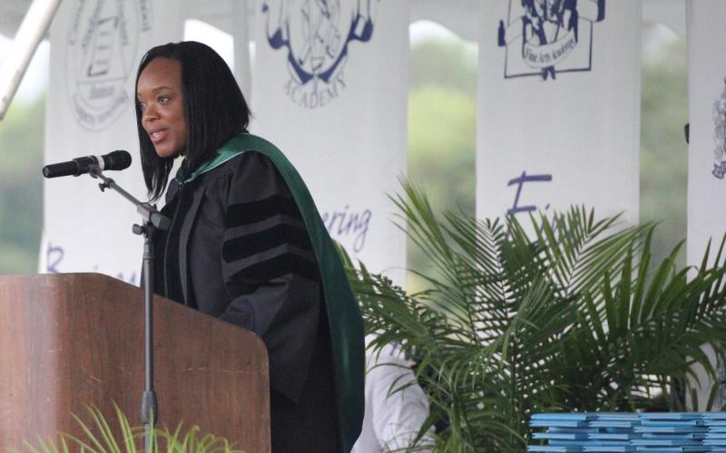 Camden County Schools Superintendent Tracolya Green, a 2001 Camden County High graduate, speaks during the 2024 commencement ceremony at Chris Gilman Stadium.