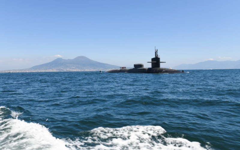 The USS Florida leaves the Bay of Naples in August 2023. The submarine’s home base is Kings Bay Naval Submarine Base.