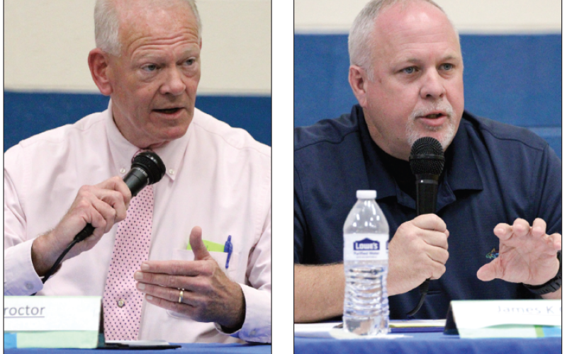 Camden County Sheriff Jim Proctor, left, and Kingsland Police Department Capt. James Kevin Chaney speak during a Camden Votes forum Tuesday evening.