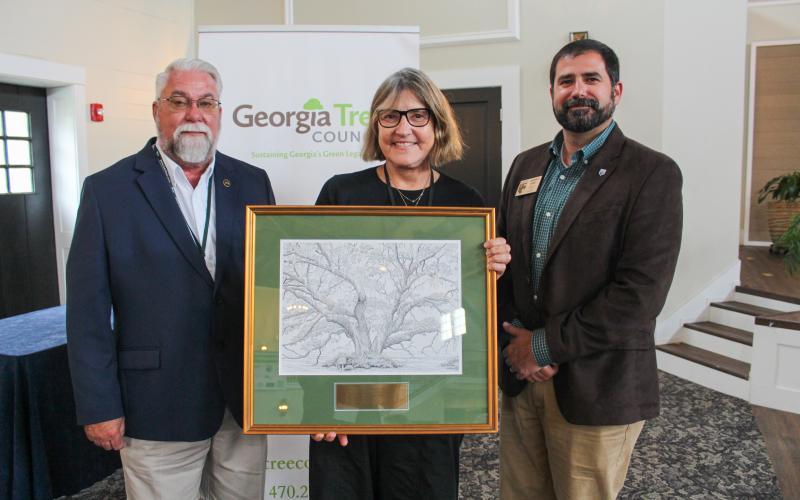 The city of St. Marys recently received the Outstanding Streetscape Revitalization Grand Award for 2024 for its Median Streetscape Pilot Project. From left are Georgia Tree Council President Robert Seamans, St. Marys Tree Board Chairwoman Christine Adamow and Georgia Forestry Commission Director Johnny Sabo.