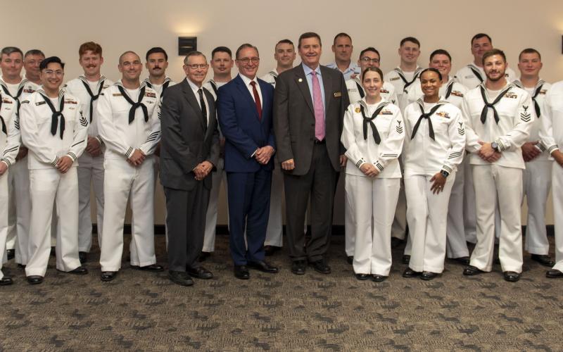 Award winners are with Camden-Kings Bay Navy League Council president Bob Dickman, St. Marys Mayor Greg Lockhart, and Navy League of the United States chief executive officer Mike Stevens.