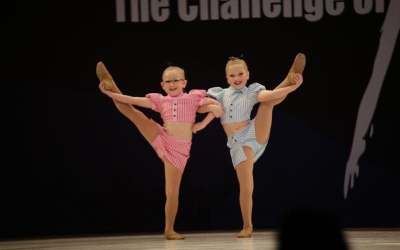 Caroline Mills and Kaya Fortenberry won first and Highest Scoring Duo/Trio in the level 1, petite division at Dance Troupe Inc. in Jacksonville, Fla.