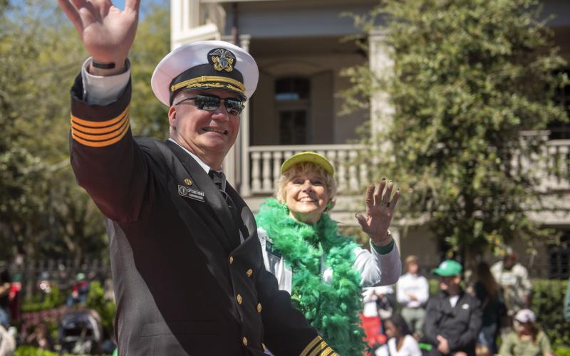 U.S. Navy Capt. Chris Bohner, the commanding officer at Kings Bay Naval Submarine Base, waves to the crowd during the Savannah St. Patrick’s Day Parade.
