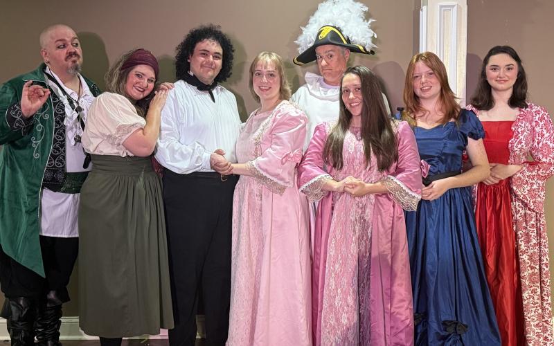 Saltwater Performing Arts’ cast of The Pirates of Penzance in Concert is ready for some swashbuckling fun this weekend and next at Pigmental Studios Auditorium in St. Marys. From left are Steven Jones, Megan Kaufman, Timothy Bernal, Rebekah George, Erik Nesteruk, Mia Galaviz, Gracelyn George and Alexandra Jenkins.