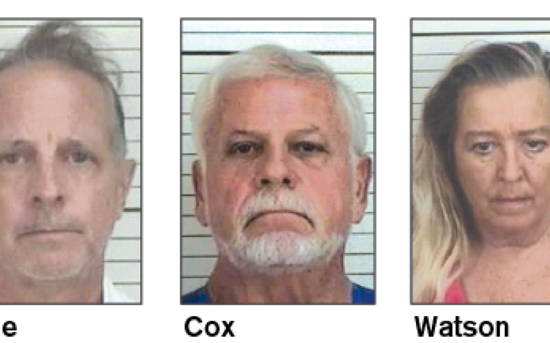 Three people, including a former assistant magistrate judge, were charged in connection to a burglary.