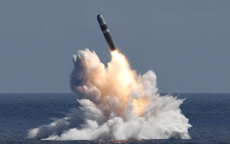 An unarmed Trident II D5 Life Extension missile launches from an Ohio-class ballistic submarine off the coast of Florida.
