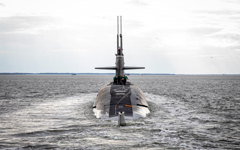 The USS Wyoming pulls into Norfolk, Va. in support Feb. 2, 2024.