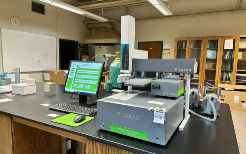The device that Jaivime Evaristo, co-author of new research about water “fingerprints” linking the Okefenokee Swamp to an aquifer below, used to measure water isotopes.