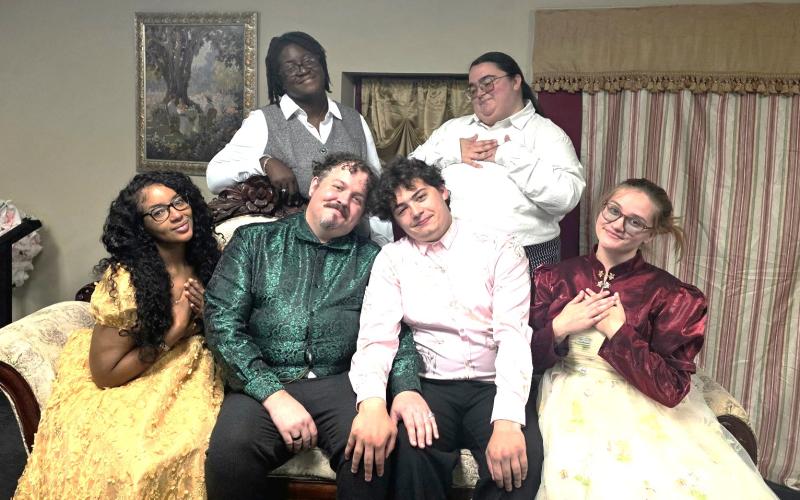 Cast members of Saltwater Performing Arts’ “The Importance of Being Earnest” are ready for opening night Friday. Front row, from left are Michelle Woodberry, Steven Jones, Chance Davis and Elizabeth Husser. Back row: Ebony Hoggard, Anna Wheater.  Not pictured: John Phluger and Brandy Champeau.