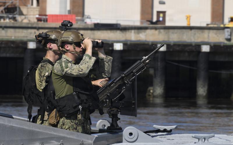 U.S. Service members assigned to Marine Corps Security Force Battalion Kings Bay (MCSFBn) maintain watch at Naval Submarine Base Kings Bay. MCSFBn partners with Strategic Weapons Facility Atlantic (SWFLANT) to provide continuous, overlapping land and water security, safeguarding the sea-based leg of the nation’s nuclear triad. (U.S. Navy)