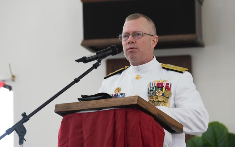 Rear Adm. Bret E. Grabbe speaks June 26 during a change-of-command ceremony at Kings Bay Naval Submarine Base.