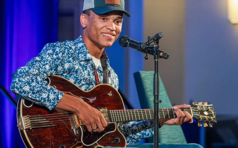 The Woodbine Opry’s youngest performing member, 20-year-old Landon Preston, recently performed at the Chet Atkins Appreciation Society convention in Nashville, Tenn.  Photo by Ronnie Wade