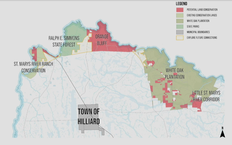 An illustration created by Nassau County staff shows a potential land conservation plan for an area along the St. Marys River, north of Hilliard.