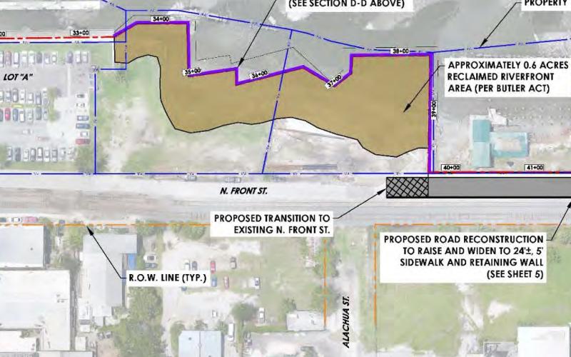 A plan for the area north of the present-day Fernandina Harbor Marina and Parking Lot A shows an area, colored brown, along the Amelia River that is currently underwater. The city of Fernandina Beach might build a bulkhead in that area and fill it in, creating over a half-acre of new land under the Butler Land Act. CITY OF FERNANDINA BEACH