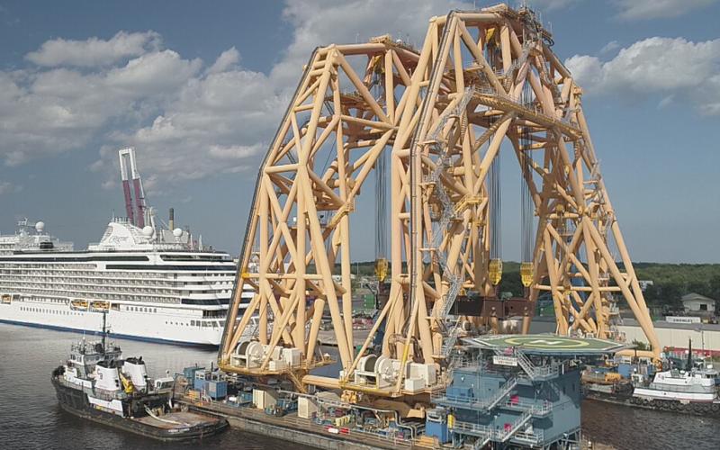 The VB-10,000, currently docked at the Port of Fernandina, is the largest twin-hull heavy lift vessel ever built in the United States, according to Versabar, which owns the huge crane. Photo courtesy Kory Klix of aerialdroneservices1.com