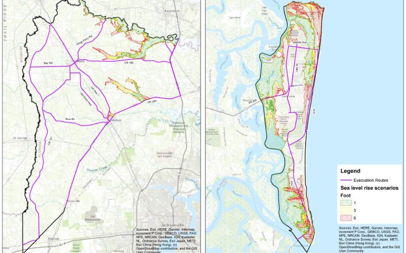Using data from National Oceanic and Atmospheric Administration, this map identifies those areas that are anticipated to be inundated by sea-level rise of 1, 3 and 6 feet. Areas close to the St. Marys River and the Intracoastal Waterway would the most impacted. As with storm surge, large portions of Amelia Island are impacted by the minimum 1-foot sea-level rise scenario predicted to occur by 2050, if not sooner. NASSAU COUNTY PLANNING &amp; ECONOMIC OPPORTUNITY