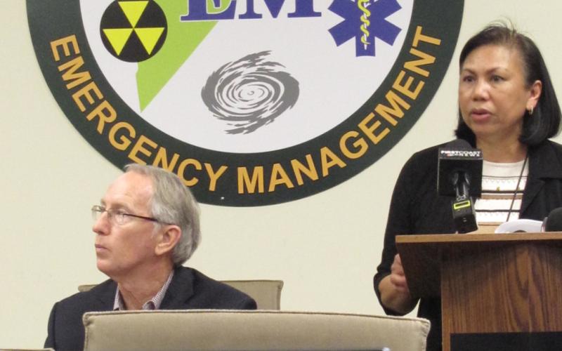 Nassau County Board of County Commissioners Chairman Danny Leeper and Dr. Eugenia Ngo-Seidel, director of the Florida Department of Health – Nassau County, at Wednesday afternoon’s special BOCC meeting held at the county’s Emergency Management Center. PAMELA BUSHNELL/NEWS-LEADER