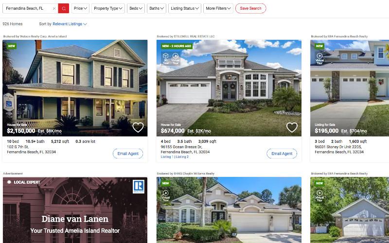 A screenshot of the realtor.com website Tuesday afternoon. The website listed over 900 properties for sale in the Fernandina Beach area. REALTOR.COM