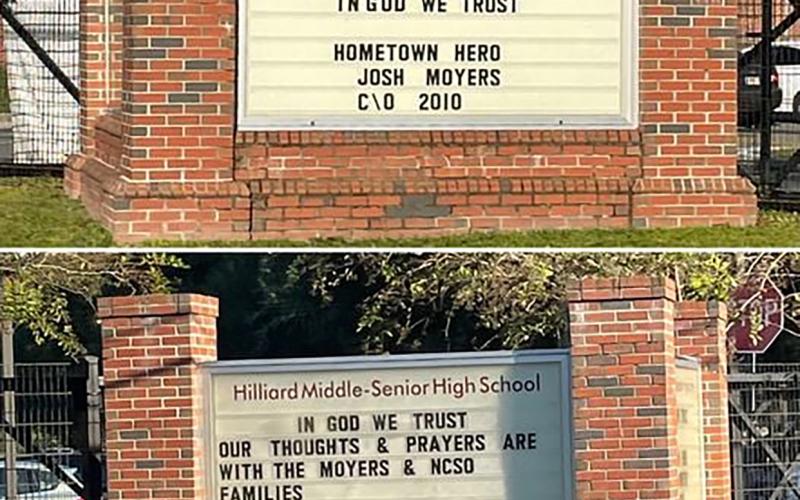 Signs outside West Nassau County structures paid tribute to Nassau County Sheriff’s Office Deputy Joshua Moyers.
