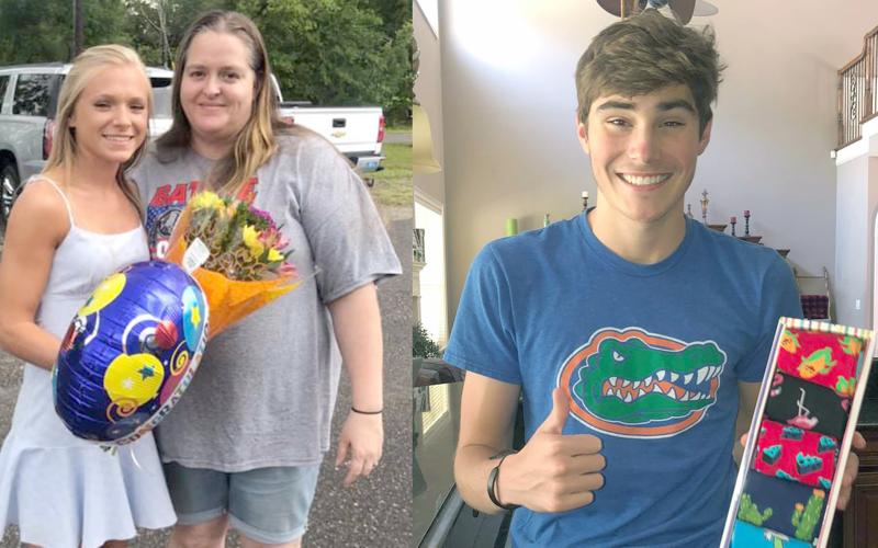 Hilliard Middle-Senior High School’s Emilee Dover displays flowers and a balloon she received as part of a community wide effort to adopt the Class of 2020 in honor of its upcoming commencement. West Nassau High School senior Aden Nettles shows off his gift of specialty socks. Submitted