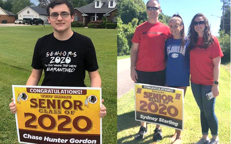West Nassau High School senior Chase Gordon and Hilliard Middle-Senior High School senior Sydney Starling display the signs they received as part of “Operation Senior Sign” last week. To honor seniors, volunteers distributed yard signs to seniors across Nassau County. Submitted