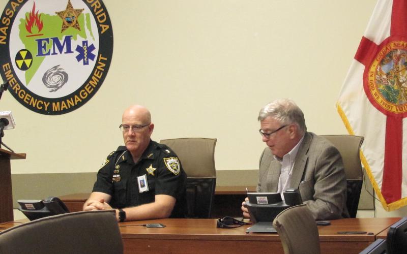 Emergency Management Director Greg Foster left, and county manager and attorney Mike Mullin attended a special meeting Monday at the county’s Emergency Operations Center. Foster’s office will be coordinating information from the Department of Health, Nassau County School District, county and city governments, and all other relevant entities during the coronavirus mitigation effort.  Pamela Bushnell/News-Leader
